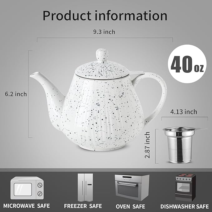 KOOV Ceramic Teapot with Infuser, 40 ounce Tea Pot with Infuser for Loose Tea, Large Enough For 6 Cups, Tea Pot with Tea Strainers, Splash Series (Splashed White)