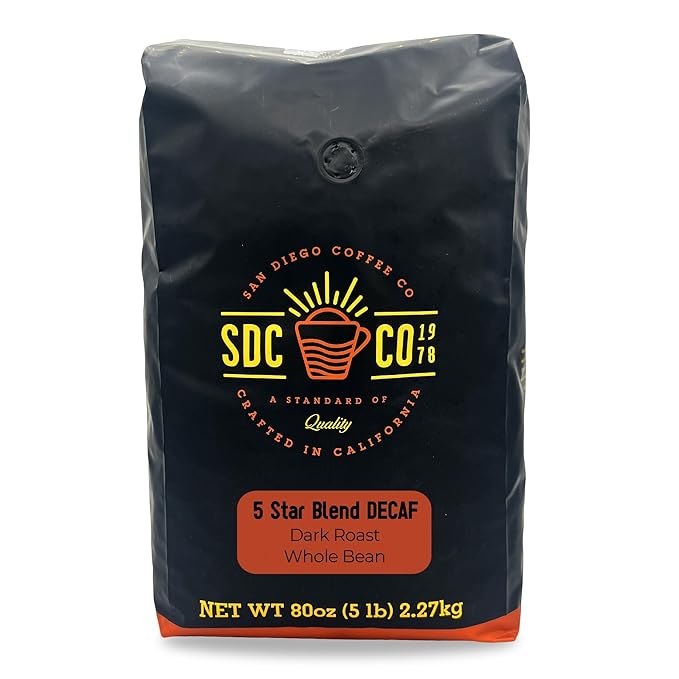 San Diego Coffee 5 Star Blend DECAF, Dark Roast, Whole Bean Coffee, 5-Pound Bag Café en grano tostado descafeinado