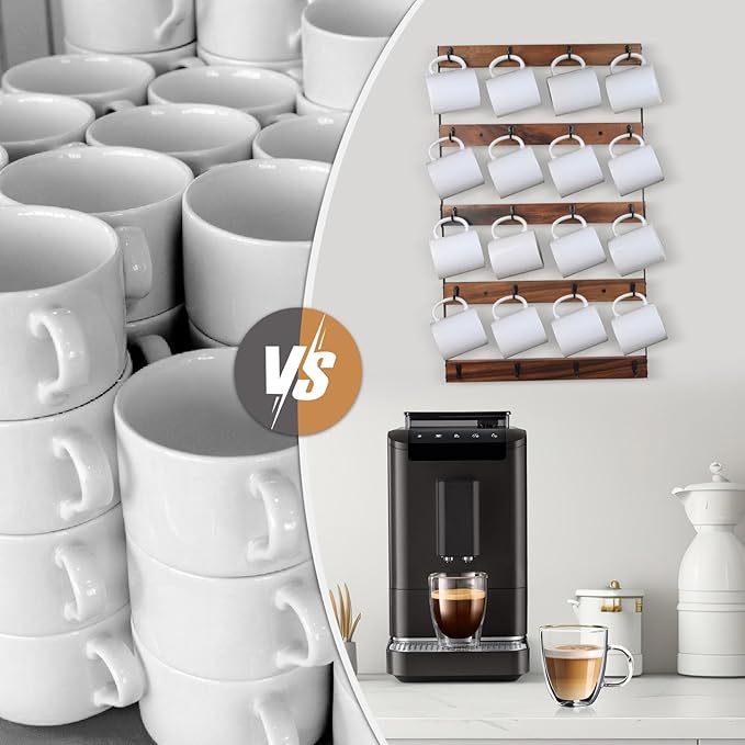 Wall Mounted Coffee Mug Holder, Large 5 Tier Shelf with 20 Hooks for Cups, Rustic Wooden Display Rack for Kitchens, Homes and Bars (Walnut)
