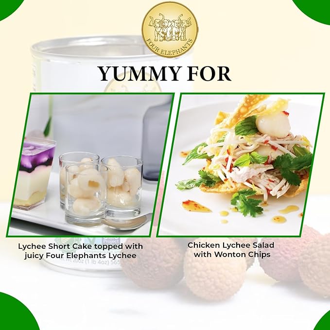 Premium Lychees in Syrup (6) - 20 oz | Natural Ingredient | Use For Mocktails, Cocktails, Drinks, Smoothies | Real Fruit Harvested At Peak Season | Four Elephants Brand | Non-GMO and Gluten-Free