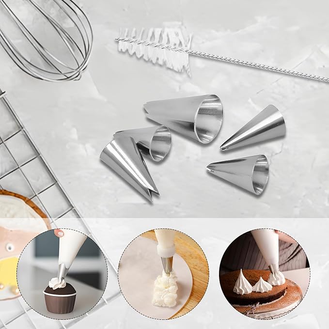5PCS Piping Tips, Stainless Steel Cake Decorating Tips, Suitable for Pastry Fondant Cupcakes, with 50PCS Piping Bags, 1PCS Cleaning Brush