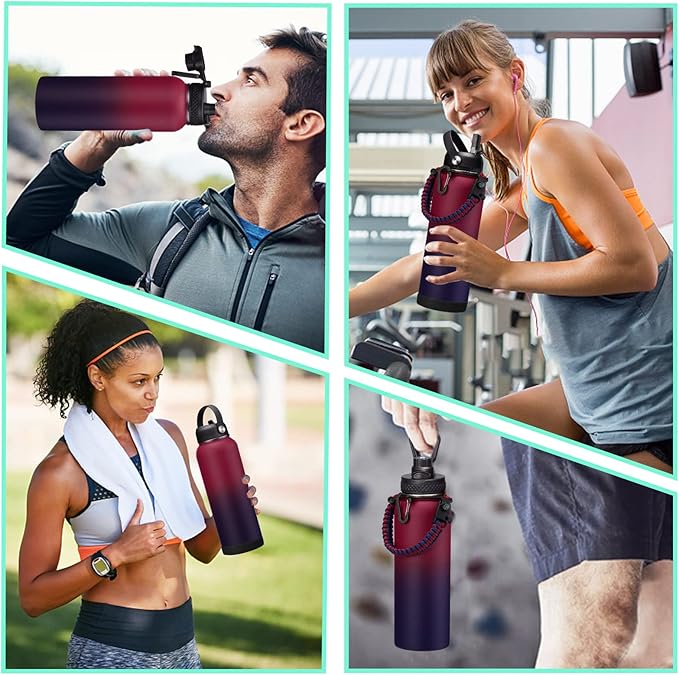 40OZ Stainless-steel Water-Bottle with Straw - Pop-up Spout & Straw Lids, Survival Paracord Handle, Storage Sleeve & Cup Mat, Leak Proof Reusable Insulated Men Women Water Jug for Gym Workout