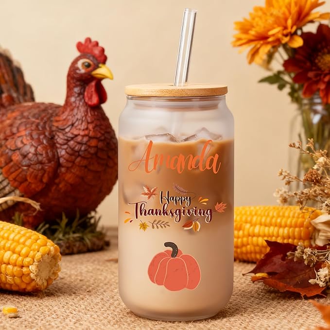 Mason Life Personalized Thanksgiving Gift Glass Cup Personalized with Name-Can Shaped Glass with Lids and Straws-18OZ Iced Coffee Cups