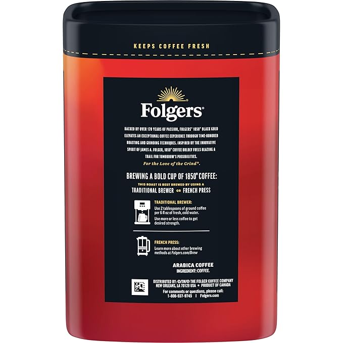 Folgers 1850 Black Gold Dark Roast Ground Coffee, 12 Ounce (Pack of 6)