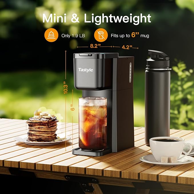 Mini Hot and Iced Coffee Maker Single Serve, for K Cup and Ground, 6 to 14 Oz Brew Sizes, with Recipe Book, for Home, Travel, RV, Office and Dorm, Classic Black (2.0 Version)