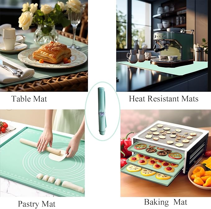 Silicone Pastry Mat 24"x16" Extra Thick Non Stick Baking Mat with Measurement, Food Grade Silicone Rolling Dough Mat, Fondant, Pie Crust Mat, Kitchen Mat with Hang Holes, Raised Edge