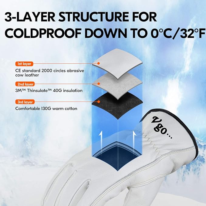 Vgo... Lined Winter Cow Grain Leather Gloves, 32℉ or Above (1 Pair,Size XL, Cream, CA9501F)