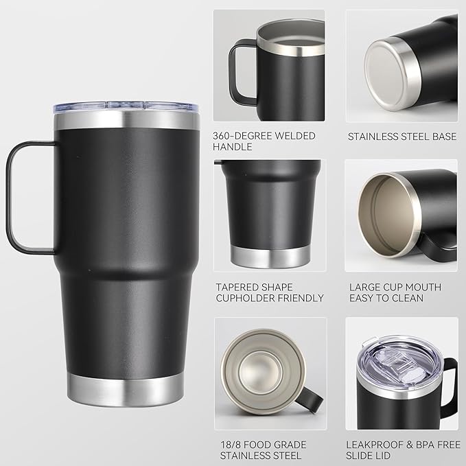 20 oz Stainless Steel Tumbler with Handle Metal Insulated Coffee Travel Mug with Handle Double Wall Tumbler Cup with Lid and Straw, 12 packs(1, NEW Black)
