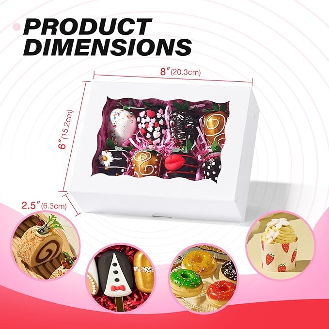 8x6x2.5 Inch 25PCS White Bakery Boxes with Window for Pastry,Treat,Macaron,Dount,Cookies,Chocolate Covered StrawberriesStrawberry,Muffins & Party Favors
