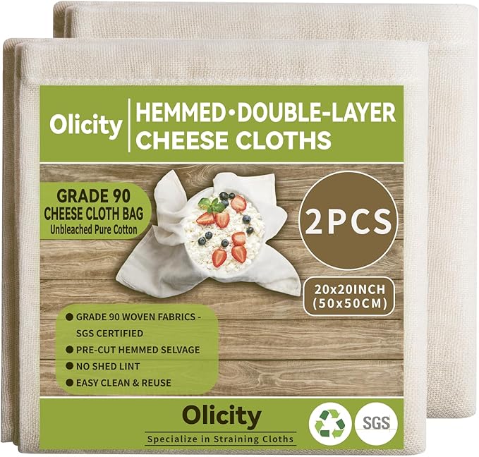 Olicity Cheese Cloths, 2PCS, Double-Layer, 20x20Inch, Reusable Grade 90 Cheese Cloth Bag for Straining, Hemmed Unbleached Cotton Precut Fine Mesh Muslin Cheesecloth for Juicing, Butter, Canning