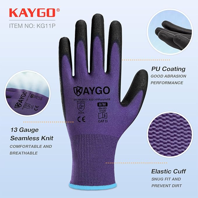 KAYGO Safety Work Gloves PU Coated,12 Pairs KG11PB Seamless Knit Glove for Men and Women, with Smooth Grip on Palm and Fingers, Ideal for General Duty Work (L, Purple)
