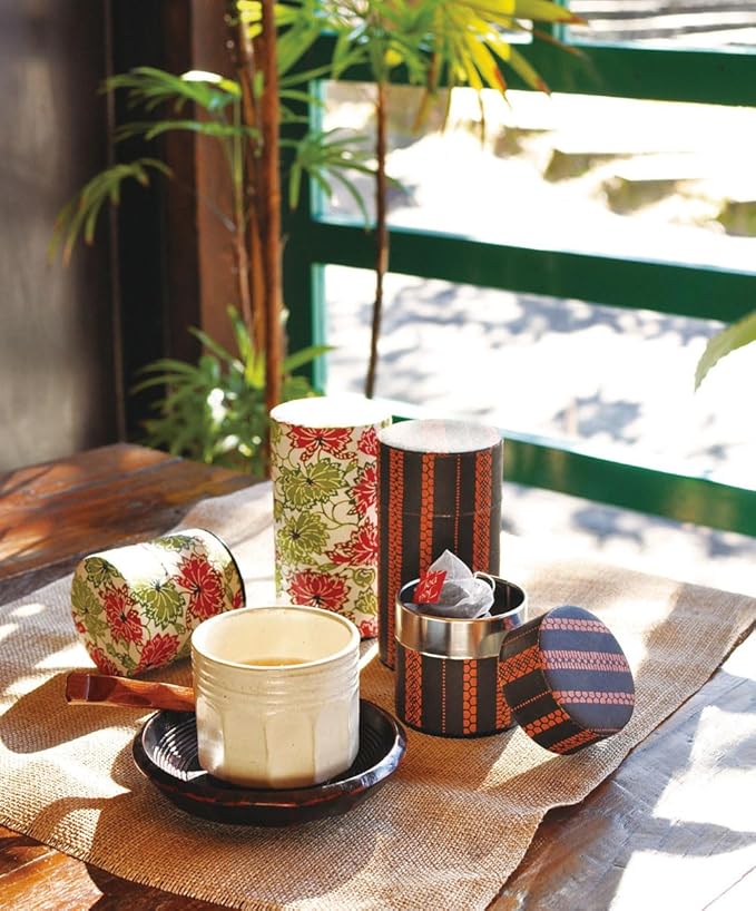 Japanese Pokkan Coffee Spice Tea Tin Canister Washi Paper Storage with Lid 7.05 oz Capacity (Hana Yukiwa)
