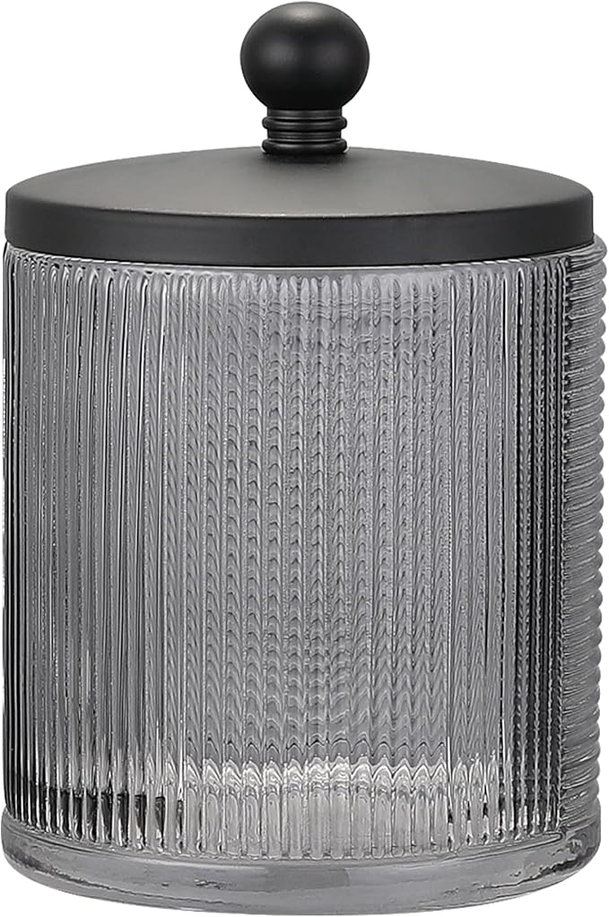 Glass Jar with Metal Lid for Bathroom Organization, Clear Apothecary Jar for Cotton Balls, Q Tips, and Small Accessories, Stylish Bathroom Storage Container Grey, Black