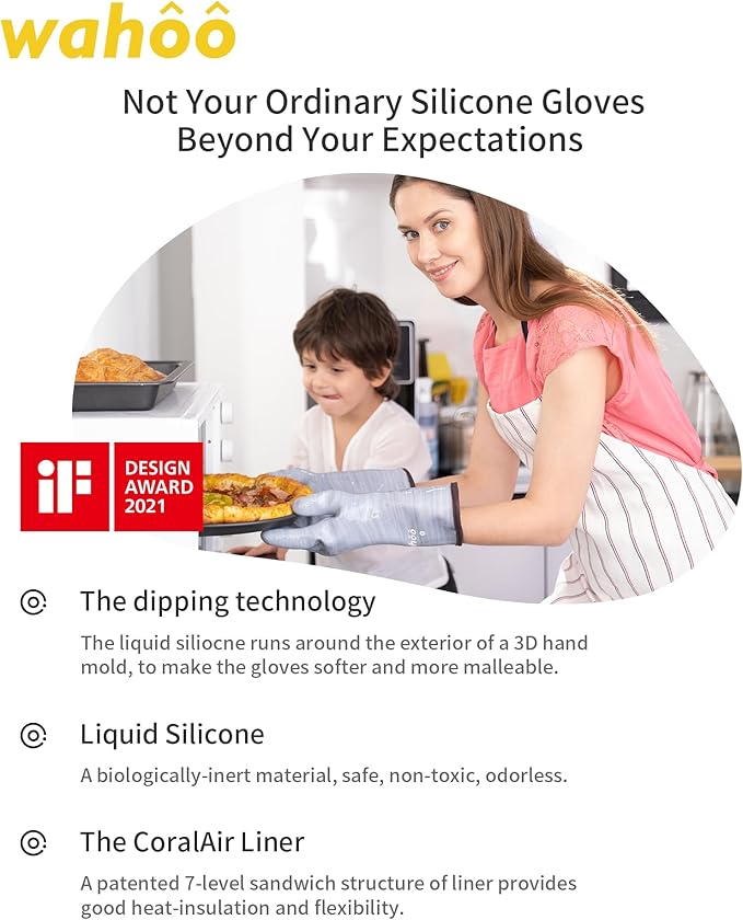 wahoo Professional Liquid Silicone Oven Mitts Gloves, Heat Resistant Gloves for Cooking, Baking, CoralAir Liner, 12 Inch, Purple, X-Large