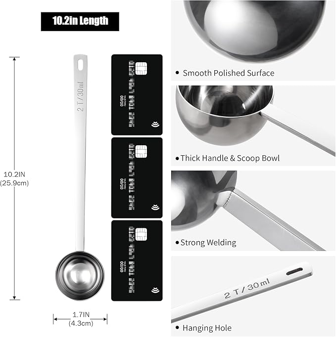 18/8 Stainless Steel Coffee Scoop, Doosu Food-Grade Metal Measuring Spoon with 8.5in Long Handle, Tablespoon Scooper for Coffee Beans, Ground Coffee, Espresso, Protein Powders, Tea, Sugar (2 Tbsp)