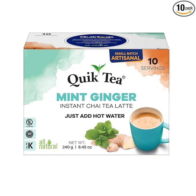 QuikTea Mint Ginger Chai Tea Latte – 10 Count, Bold Mint Ginger Flavor, No Preservatives – Just Add Hot Water
