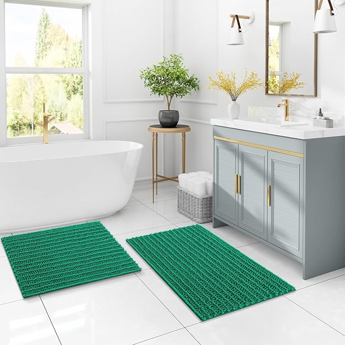 Arotive Luxury Chenille Bathroom Rug Mat, Extra Soft Thick Absorbent Shaggy Bath Rugs, Non-Slip Machine Wash Dry, Plush Bath Mats for Bathroom, Shower and Tub, 24x16, Emerald