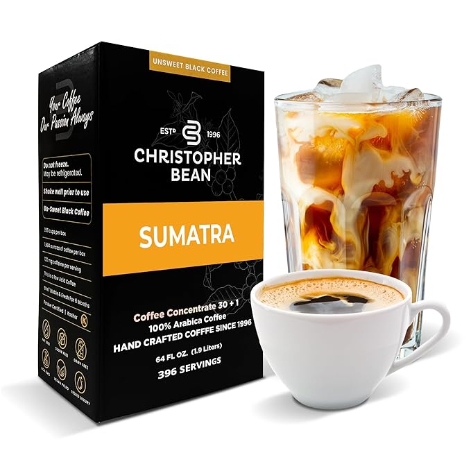 Christopher Bean Coffee - 396 servings, 30 to 1 Blend Bag in Box Liquid Instant Coffee or Cold Brew Coffee Concentrate - Hot or Iced Coffee - Sumatra Brew