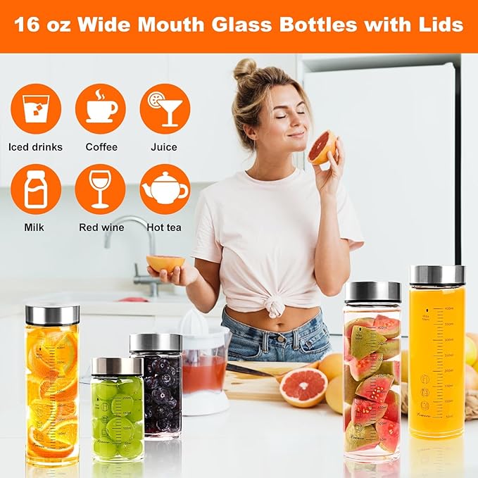 Glass Juice Bottles 6 Pack 10 oz - Wide Mouth Glass Water Bottles with Lids - for Juicing, Protein, Smoothie, Milk, Reusable, BPA Free, Stainless Steel Lids, Blender, Shaker Bottle (10oz/300ml)