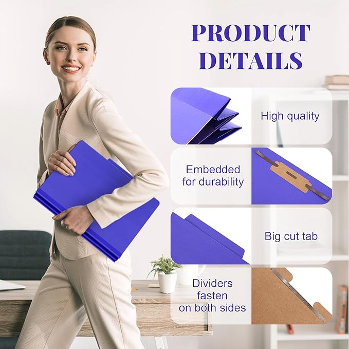 12 Pcs Classification Folders Letter Size, Back to School Supply for Teacher, Student, 1 Divider Pressboard File Folder Bulk with 2 Fasteners, 3.5 Inch Expanding File Organizer (Purple)