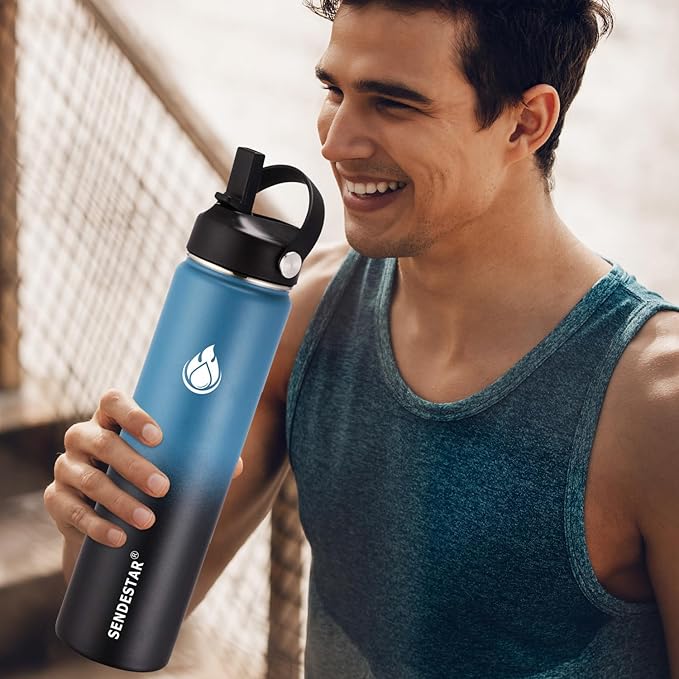 SENDESTAR Water Bottle 32oz Double Wall Vacuum Insulated Leak Proof Stainless Steel Sports Water Bottle—Wide Mouth with New Flex Straw Lid & Spout Lid (Deep Blue&Black)
