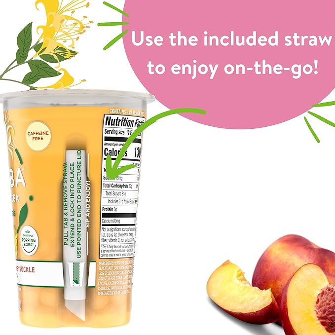 JOYBA Botanicals Sweet Peach Honeysuckle Bubble Tea, 4 Pack, 12 fl. oz. Cups