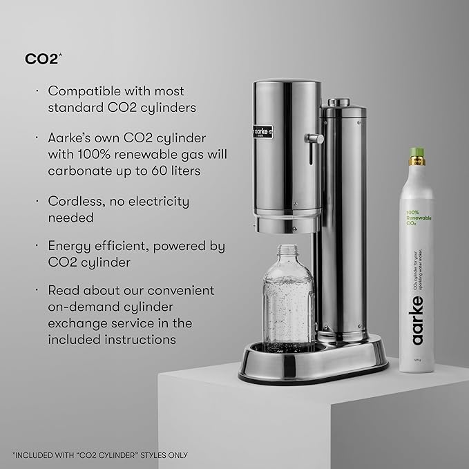 Aarke Carbonator Pro, Sparkling & Carbonation Water Machine, Stainless Steel with Glass Reusable Bottle Volume 800 mL/27 fl oz and CO2 Cylinder (Stainless)