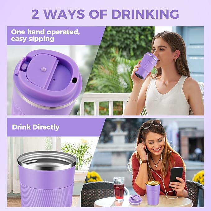 Volhoply 13 oz Stainless Steel Insulated Travel Coffee Mug with Fip Lid Bulk 2 Pack,Reusable Double Wall Vacuum Metal Coffee Cup,Portable Leak Proof Thermal Tumbler for Hot & Cold Drinks(Purple,2)