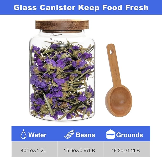 Vacuum Coffee Canister Glass Food Storage Jars With Airtight Lids Borosilicate Glass Coffee Canister Container for Coffee Beans & Grounds Tea Sugar Spices Kitchen (1200ml/40oz -1 pack-with spoon)