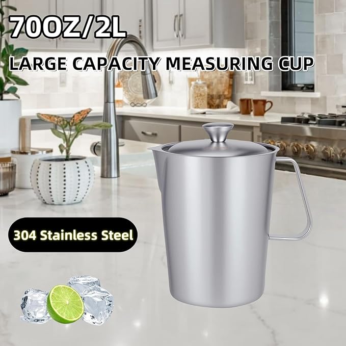 70 oz Stainless Steel Pitcher with Lid and Handle – Large Metal Measuring Cup with Markings, 2 Liter Water Jug for Frothing Milk, Latte Art, Coffee, Iced Tea, Espresso, Hot or Cold Liquids