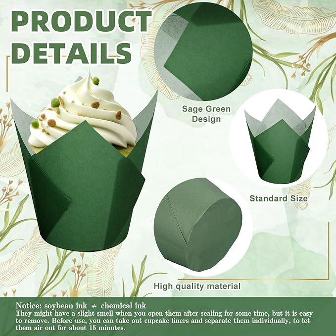 180Pcs Sage Green Tulip Cupcake Liners Gradient Green Muffin Baking Cups Cupcake Wrappers for Wedding Bridal Shower Spring Holiday Party Supplies