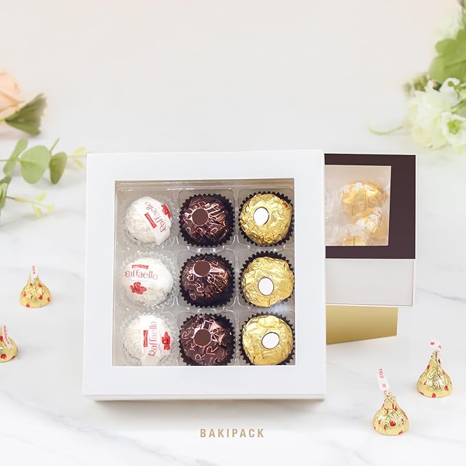 BAKIPACK 12 Truffle Boxes, Chocolates Box, White Truffle Gift Packaging with 9-Piece Plastics Tray