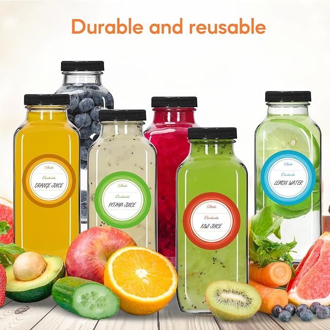 STARSIDE 12 oz 3 Pack Glass Juice Bottles with Lids - Square Reusable Drinking Jars for Juicing, Milk, Kombucha - Includes 1 Bottle Brush, 6 Colored Labels