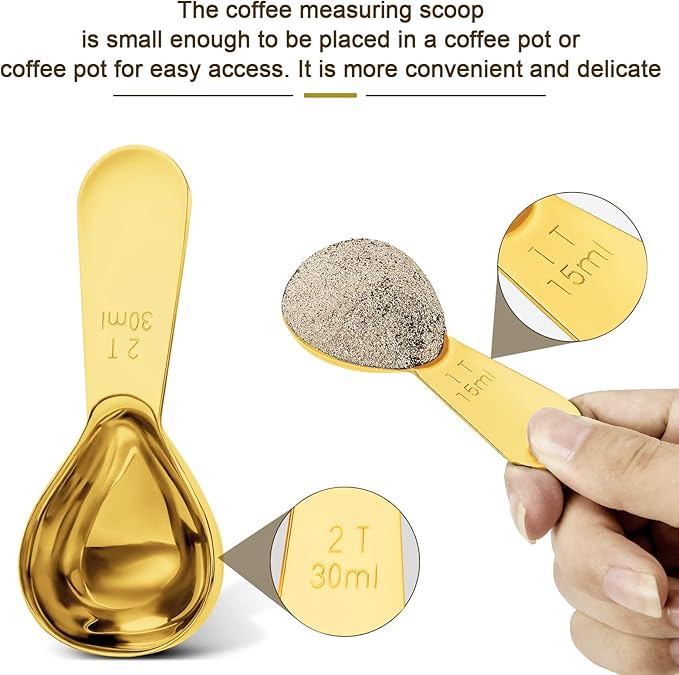 Stainless steel coffee scoop 2-piece set (1 tbsp, 2 tbsp) durable Tablespoon, ergonomic measuring spoon, Suitable for small and large jars，short-handled spoon (Gold)
