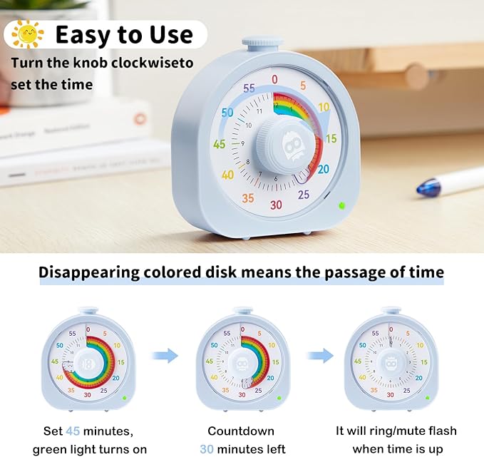 Visual Timer for Kids, Rechargeable Timer for Classroom Office Kitchen with 'Rainbow' Pattern Design, 60min/12h Silent Countdown Timers, Pomodoro Timers Management Tool for Toddler ADHD