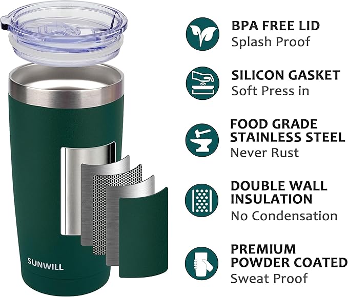 SUNWILL Travel Coffee Mug with Lid, 20 oz Tumbler Set of 2, Insulated Stainless Steel Cup for Drinks， Water, Tea, Powder Coated Forest Green & Plum