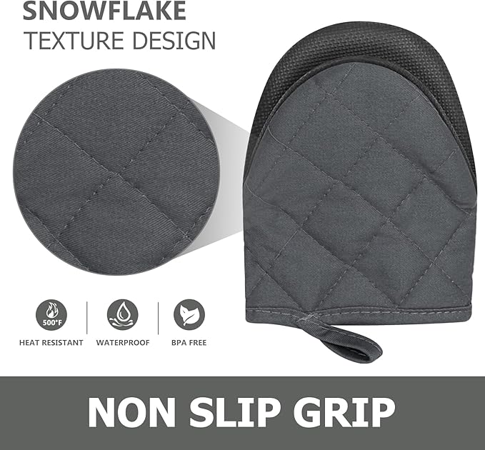 1 Pair Short Oven Mitts - Silicone Kitchen Oven Gloves High Heat Resistant 500℉, Mini Oven Mits with Non-Slip Grip Surfaces and Hanging Loop for BBQ, Baking, Cooking and Grilling (Solid Gray)