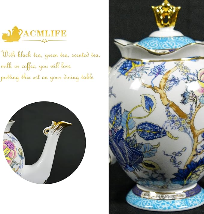 ACMLIFE Tea Sets for Adults for 6, Blue Tea Set with Cups, Fine Bone China 24K Gold, Tea Pot and Cups Set, Vintage British English Porcelain Afternoon Service Sets for Women Tea Party for Luxury Gift