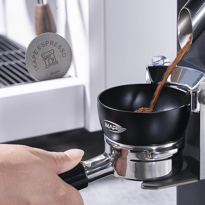 IKAPE Magnetic Dosing Funnel Set, 51MM Espresso Dosing Ring & Puck Screen Kit Compatible with Delonghi 51MM Bottomless Portafilter - with 8 Small Magnet (Black)