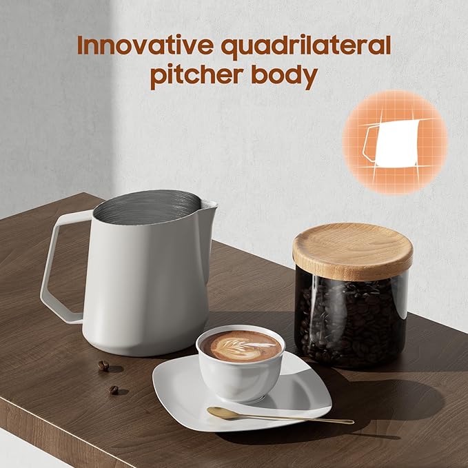 MHW-3BOMBER Milk Frothing Pitcher - 20oz/600ml Milk Frother Cup with U-Shaped Spout - SUS 304 Steaming Pitcher - Cappuccino Latte Art Cup for Barista - Quadrilateral Body - P5183-OS