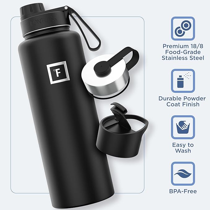 IRON °FLASK Camping & Hiking Hydration Flask with 3 Lids - Stainless Steel, Double Walled & Vacuum Insulated Water Bottle - Leak Proof & BPA Free (Aurora, Spout - 40 oz)