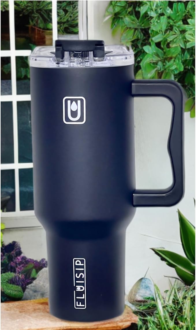 40 oz Insulated Tumbler with Handle, Stainless Steel, Leakproof Lid and Straw, Cup Holder Friendly (Black)
