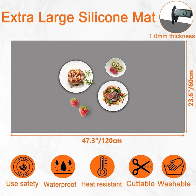 47.3''x23.6''(120cmx60cm) Extra Large Silicone Mat for Kitchen Counter, Heat Resistant Countertop Protector, Non-Slip Waterproof Kitchen Island Mat, Easy to Clean, Lake Blue