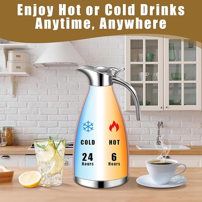 Uiifan 2 Pcs 68 oz Thermal Coffee Carafe Insulated Stainless Steel Coffee Carafe for Hot Liquids Vacuum Thermal Pot Creamer Dispenser with Brushes Keeping Hot Tea Milk Water(Rose Gold)