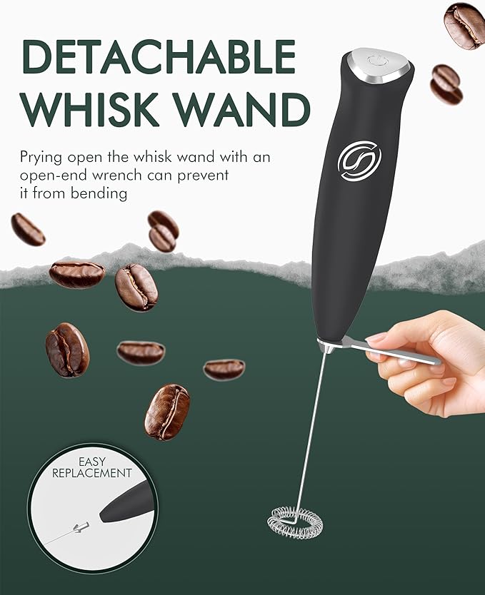 Milk Frother With Stand Handheld Frother Wand Drink Mixer Handheld Coffee Stirrers Electric Frother for Coffee Mixer Wand with 2 Whisk frother for protein powder-Black
