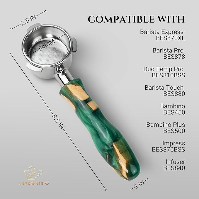 54mm Bottomless Portafilter Modern Handle – Includes Stainless Steel Naked Basket – Fits Breville Barista Express & 54mm Breville Espresso Machines - Espresso Machine Accessories – Green