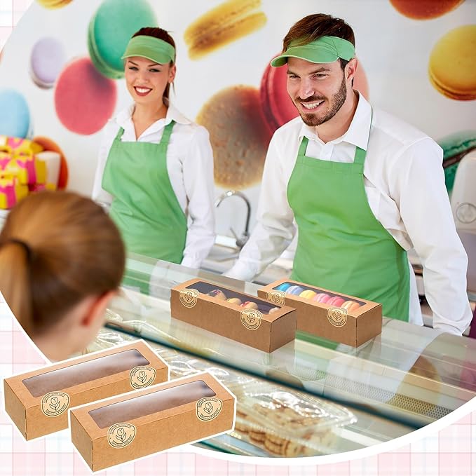 Sherr 100 Pcs Brown Macaron Boxes with Window, Cookies Boxes with 200 Pcs Stickers Long Bakery & Dessert Gifts Containers for Donuts, Pastry, Chocolate Covered Strawberry