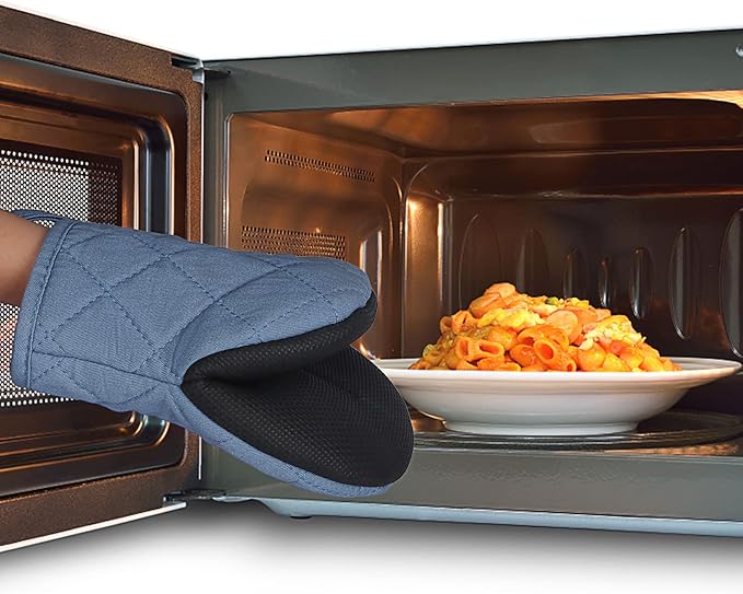1 Pair Short Oven Mitts, Heat Resistant Silicone Kitchen Mini Oven Mitts for 500 Degrees, Non-Slip Grip Surfaces and Hanging Loop Gloves, Baking Grilling Barbecue Microwave Machine Washable (Sky Blue)