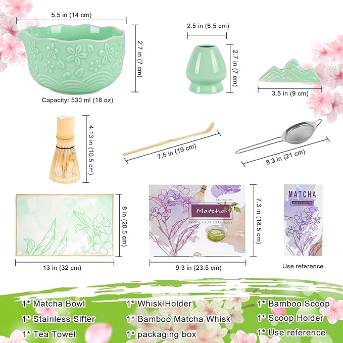 Matcha Whisk Set, Matcha Set 7 Pieces - Ceramic Matcha Bowl with Spout, Bamboo Chasen Whisk & Holder, Scoop, Sifter, Tea Towel - Complete Kit for Matcha Tea Ceremony, Latte, Ideal Gift(Green)