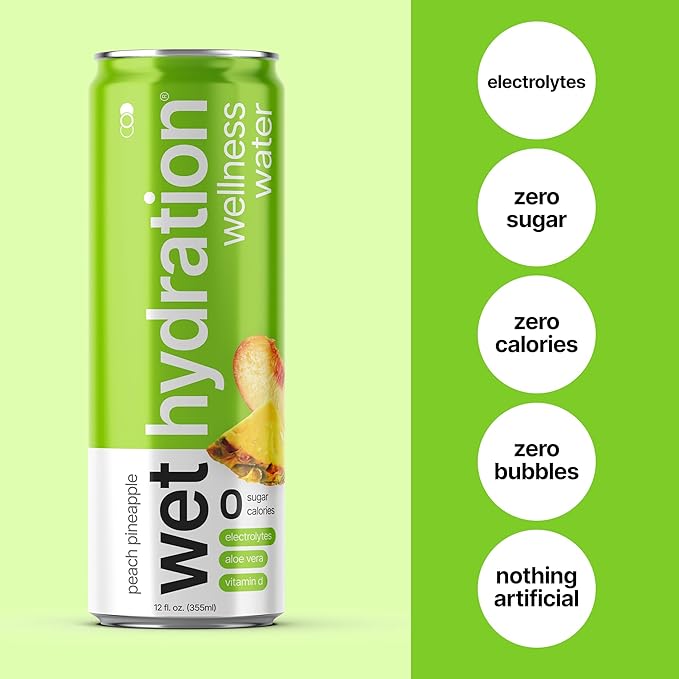 Wet Hydration | Functional Wellness Water, Non-Carbonated - Peach Pineapple (12 Ounce Cans, Pack of 12) - Flavored Water, Hydration Drink, No Sugar, No Artificial Ingredients, Zero Calories (Packaging May Vary)